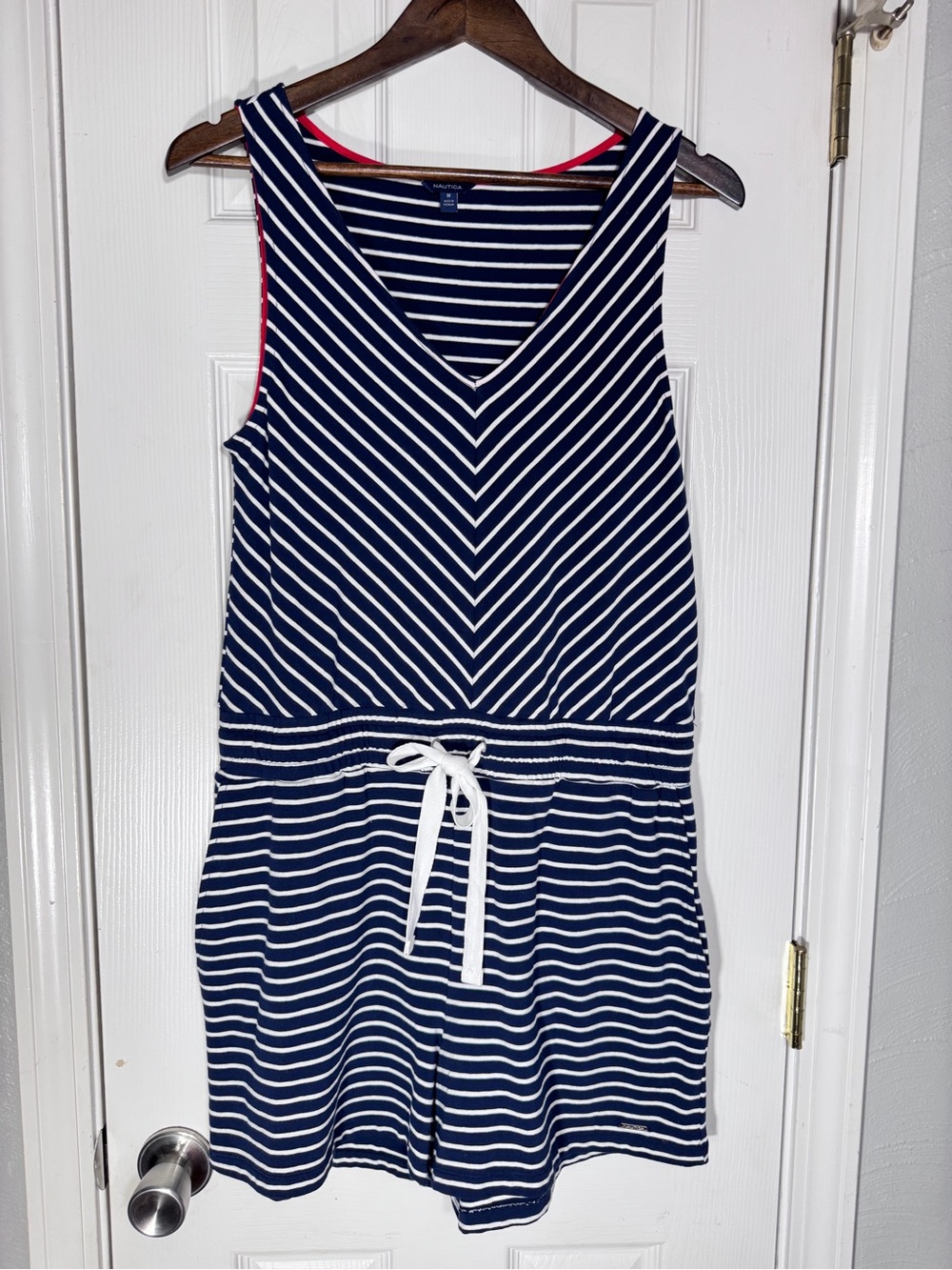 NWT Nautica Navy White Stripe Cotton/Spandex Drawstring Romper Medium - Picture 4 of 14